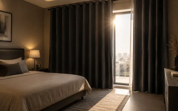 Close-up of eyelet ring curtains with brushed silver metal grommets threaded onto a matte black curtain rod, highlighting the heavy blackout fabric texture and curtain hardware.