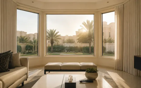 Close-up of a curved ivory curtain track seamlessly following the corner of a modern bay window, with soft daylight and neutral trim, illustrating precise bay window blinds installation.