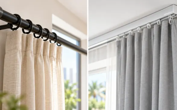 Comparison of curtain rods and tracks showing bracket-mounted rod and ceiling track