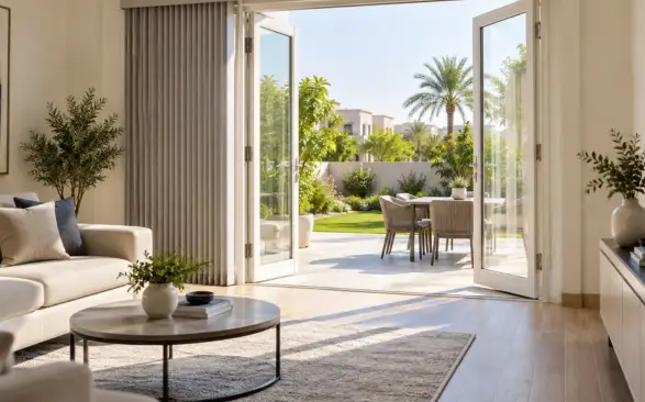 French door blinds in a bright modern Doha living room, with twin-panel glass doors opening onto a sunny garden terrace and vertical blinds neatly stacked to one side.