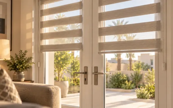 Close-up of French door blinds featuring zebra roller blinds with alternating sheer and solid fabric bands, filtering warm sunlight while offering a soft view of an outdoor courtyard.