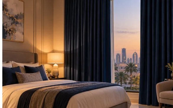 How to choose curtain color for a calm Gulf-style bedroom with deep navy blackout curtains