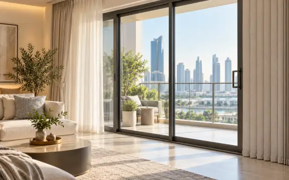 Window coverings for sliding doors: roller blind mounted outside the frame, clearing the door handle in a modern Doha living room