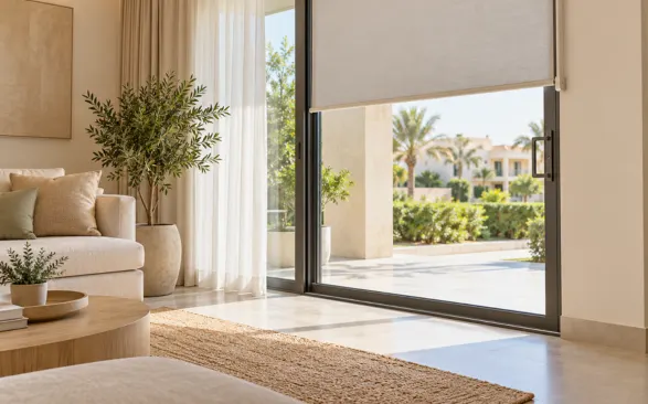 Window coverings for sliding doors: vertical blinds and curtain track stacked to the side, keeping the handle clear